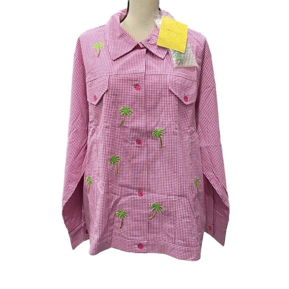 Quacker Factory QVC Jacket Sz 1X Pink Gingham Button Long Sleeve Embroidered NWT - Picture 1 of 10